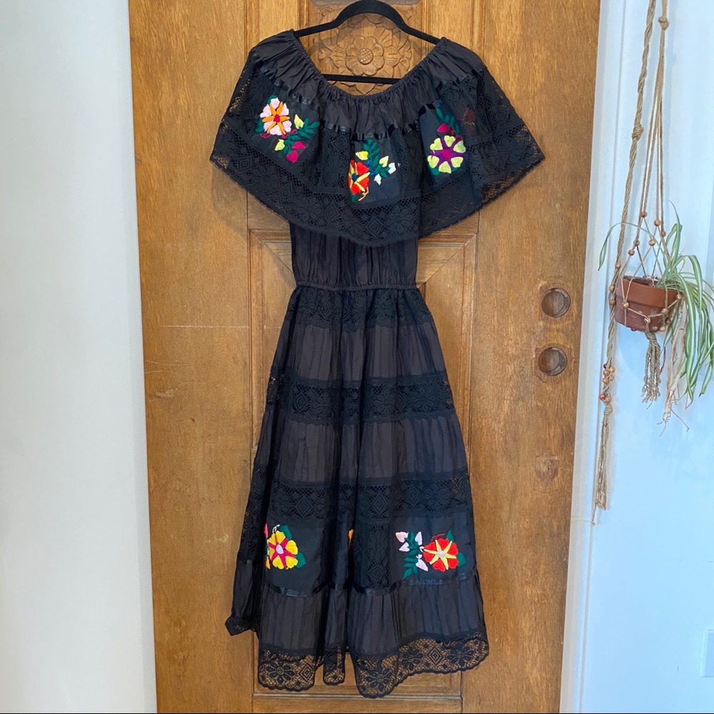 Mexican Off shoulder embroidered midi dress folk fiesta